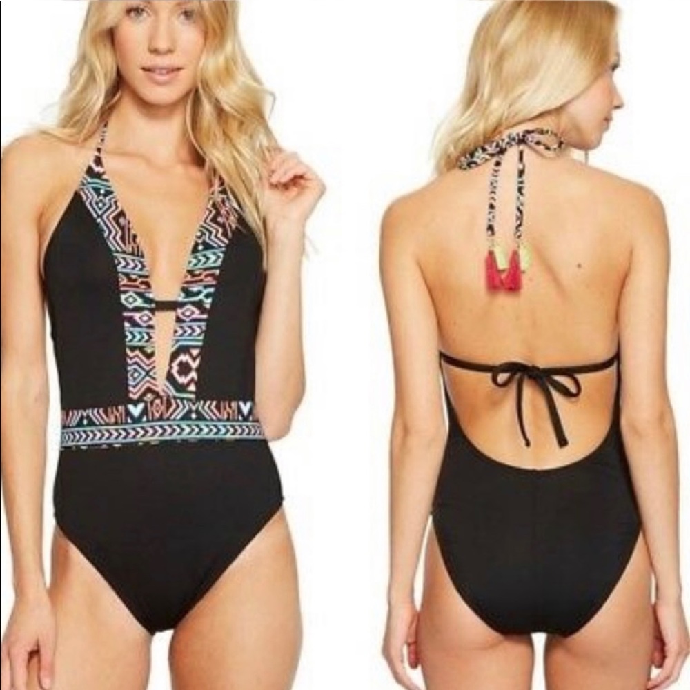 Plunge One-Piece Swimsuit with Tribal Trim - Black/Multi